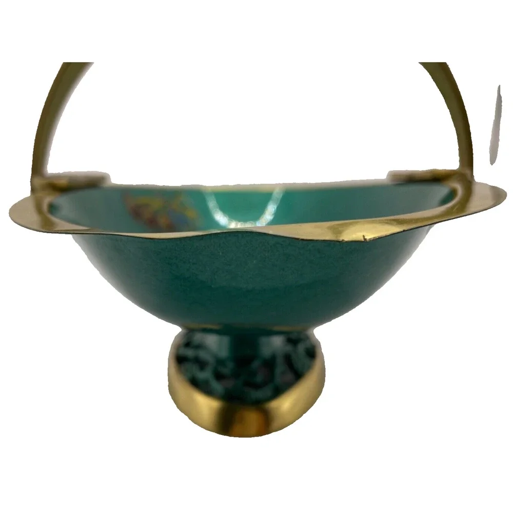 Vintage 1960s Brass Turquoise Enamel Basket With Handle Signed Made in Israel